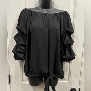 CeCe Off Shoulder Ruffled Blouse Top Chiffon 3/4 Tier Hem Sz L Black